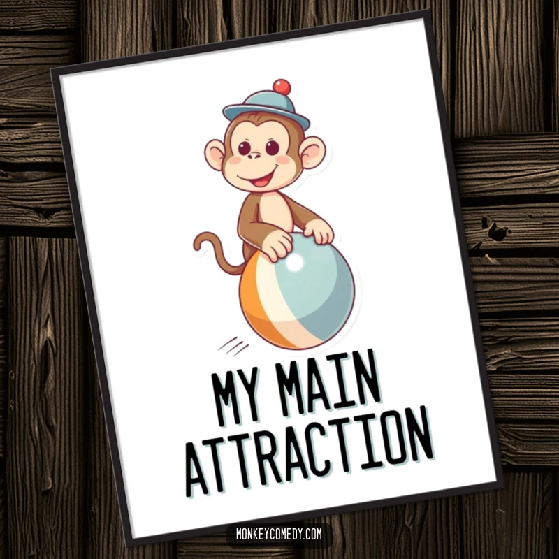 Funny poster depicting a charming monkey in a tiny hat joyfully riding a bouncing ball, creating a lively atmosphere.