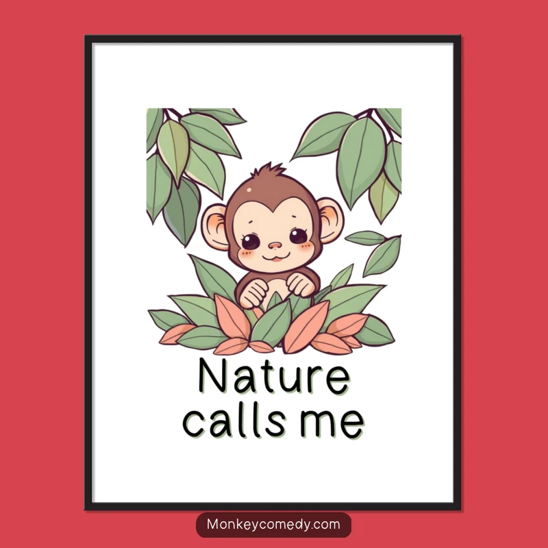 Funny Kawaii Monkey Leaf Poster: Woodland Hideout Art Funny Gift