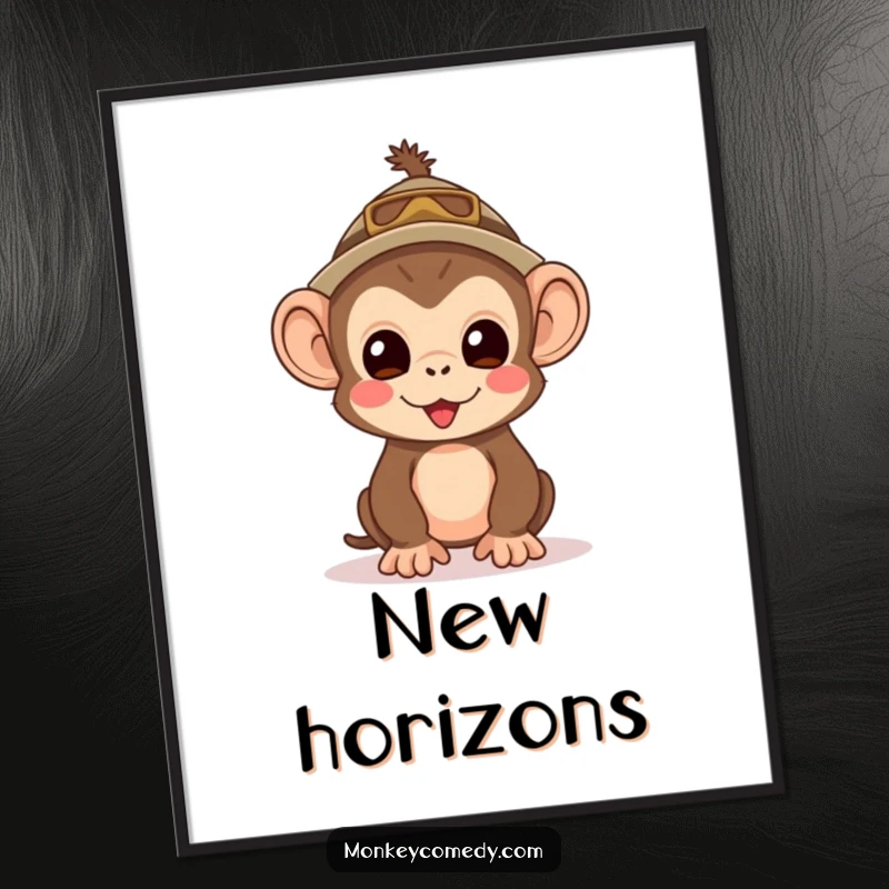 Funny Kawaii Monkey Explorer Poster: Wall art of a cute monkey wearing an explorer hat, looking with great excitement.
