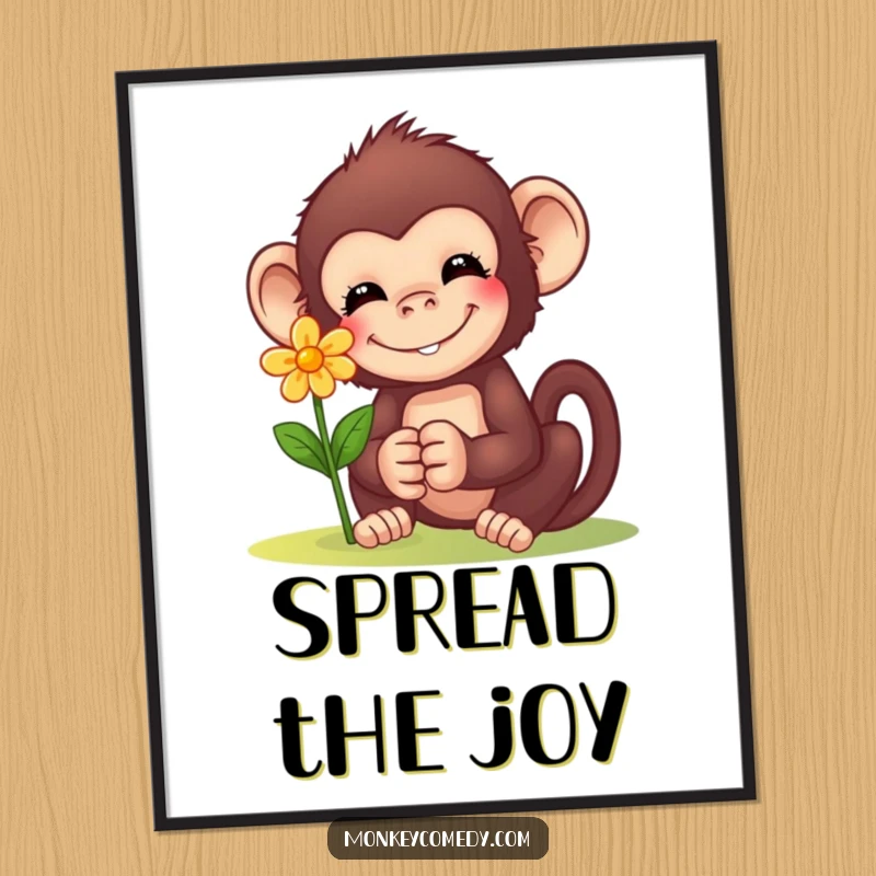 Funny Monkey Flower Poster: Art print of a monkey offering a small flower with a sweet smile, adding gentle charm and warmth to walls.
