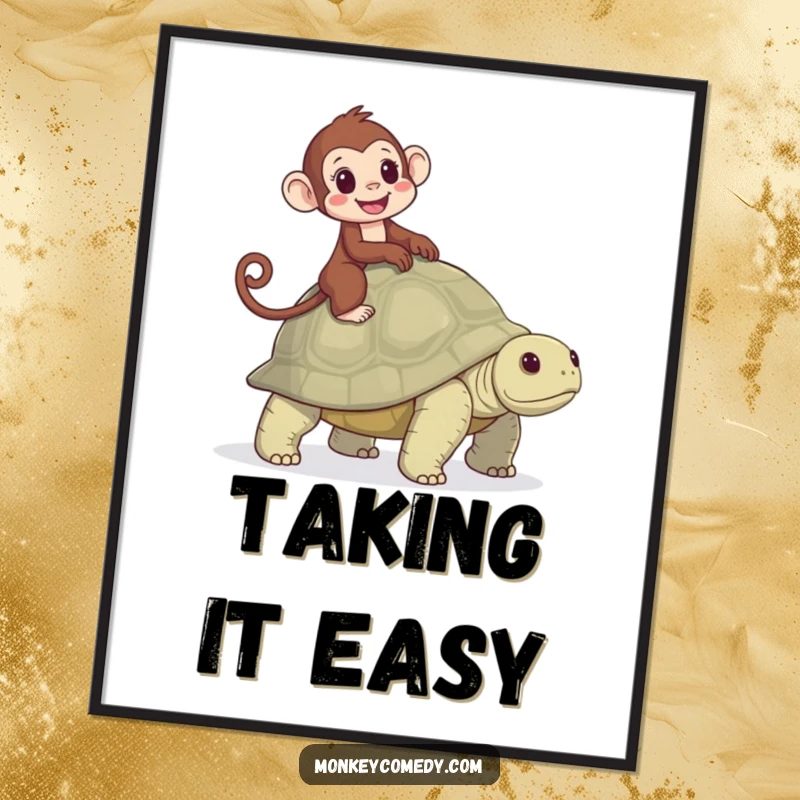 Funny poster illustrating a monkey riding a tortoise with evident glee, capturing a serene yet joyful moment of interspecies travel.