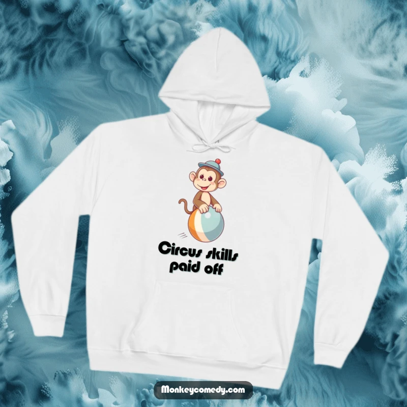 Funny hoodie showcasing a charming monkey in a dapper hat riding a bouncy ball, perfect for casual, humorous wear.