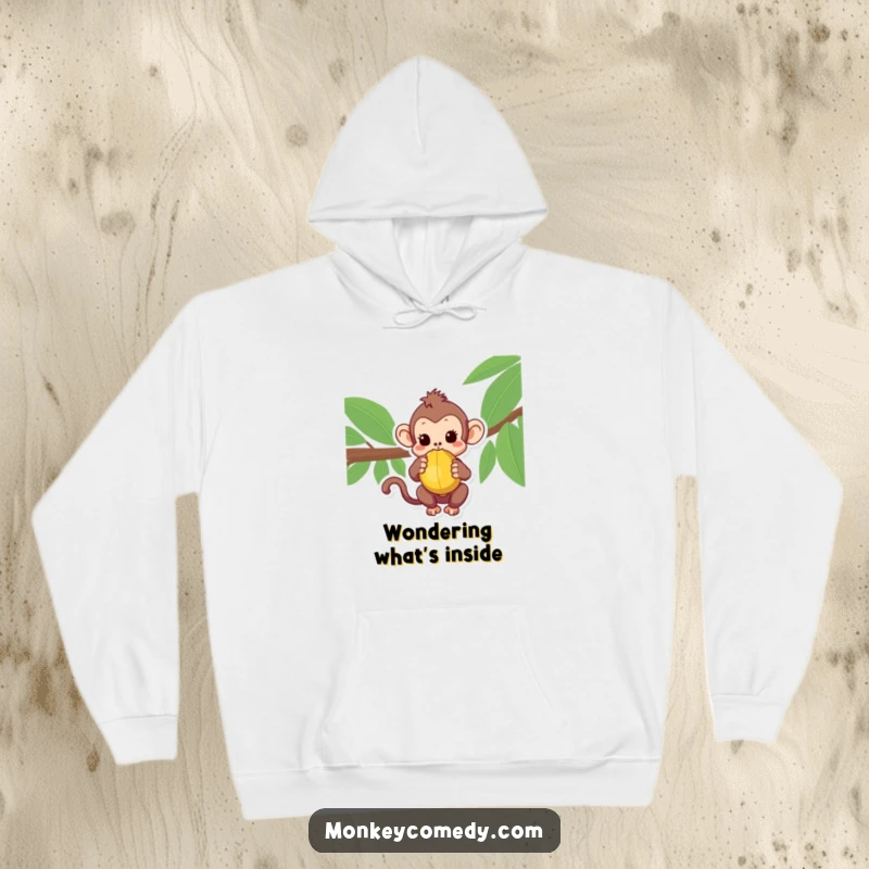 Cozy Kawaii Monkey Hoodie with a curious monkey peeking at a coconut, offering warmth and charm.