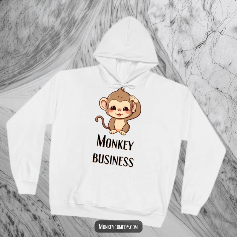 Funny Kawaii Monkey Hoodie depicting a cute monkey with a silly expression, scratching its head, for cozy, amusing wear.