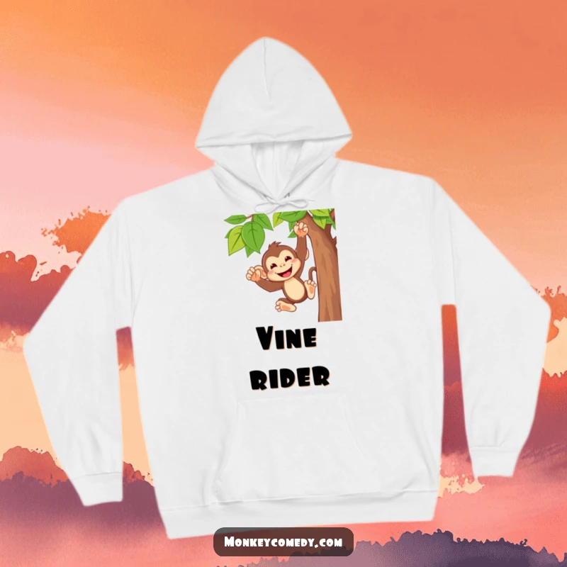 Funny monkey hoodie depicting a cute character with a wide, cheeky grin, happily swinging from a vine, designed for comfort and humor.