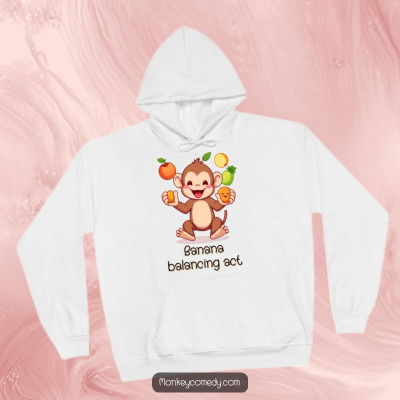 Funny Monkey Juggling Hoodie: A whimsical monkey is caught mid-juggle with colorful fruits, bringing a dash of fun to this cozy pullover.