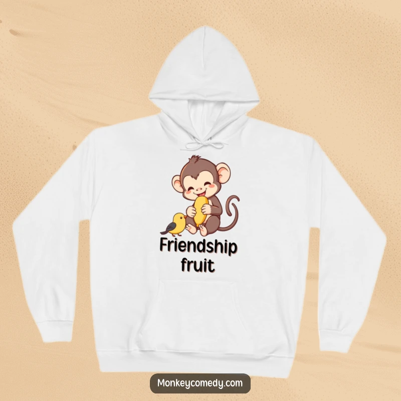 Funny monkey happily sharing a banana with a friendly bird, warm expressions, cozy hoodie, perfect funny gift.