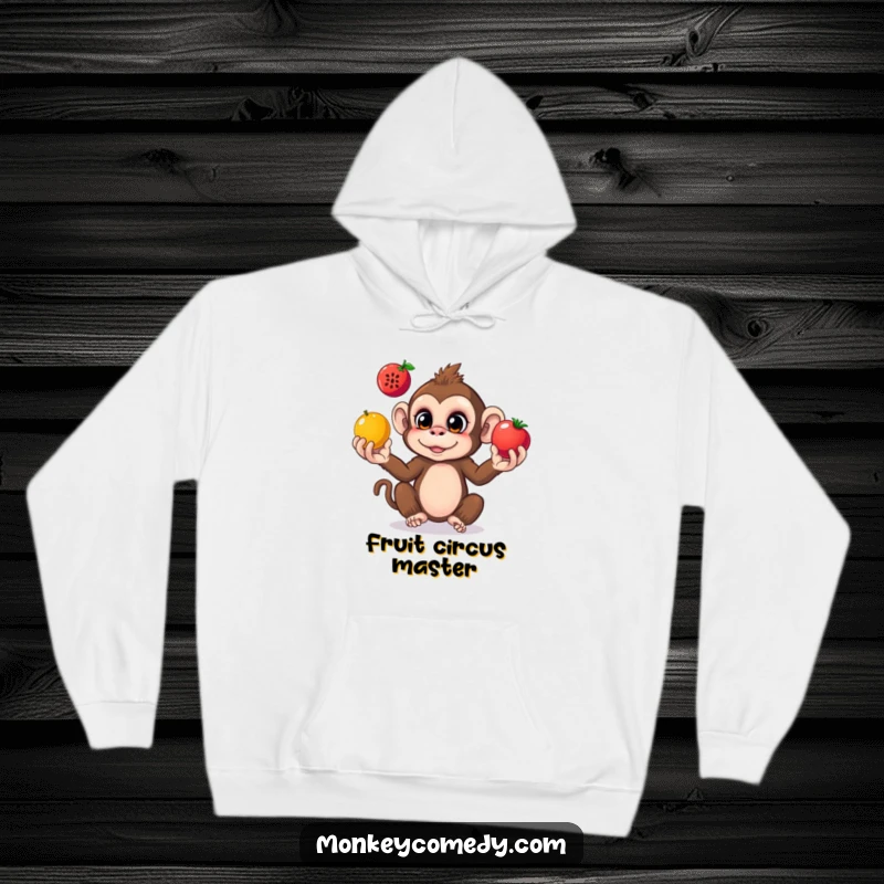 Funny monkey hoodie featuring a curious monkey juggling colorful fruits, designed for warmth and lighthearted humor.