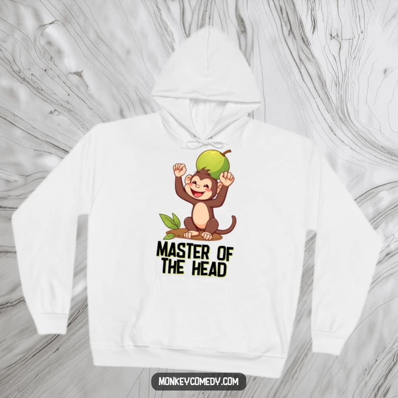Funny Hoodie: A monkey grins with concentration while balancing a coconut perfectly on its head, a comical and charming design.