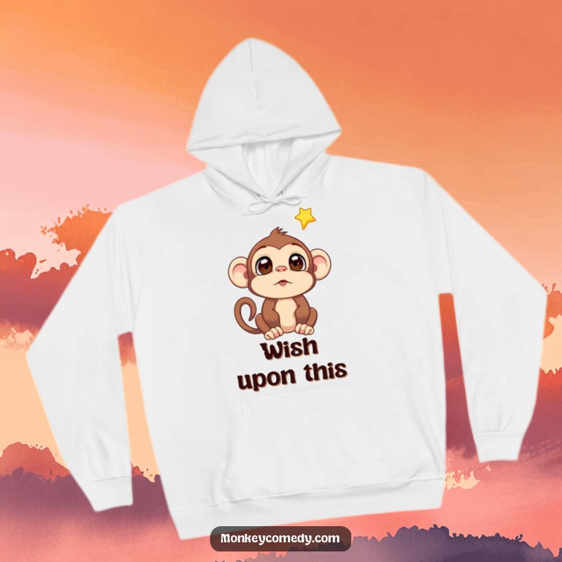 Funny Monkey Falling Star Hoodie: Warm hoodie with a surprised monkey watching a bright falling star, ideal for dreaming and staying cozy.