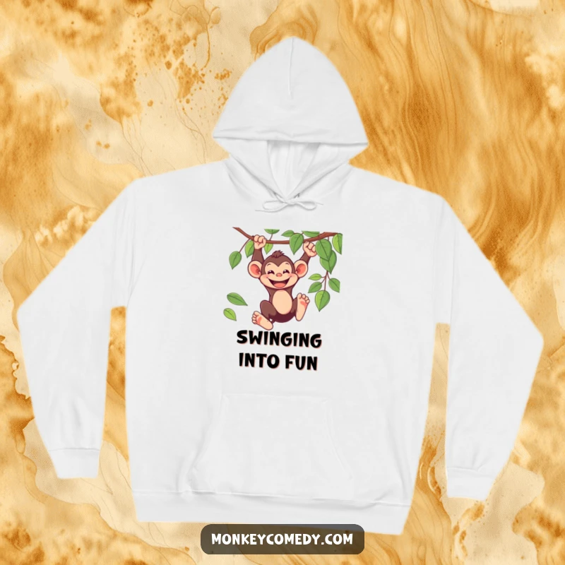 Funny Hoodie: A joyful monkey swings from a vine, its wide grin bringing happiness and warmth.