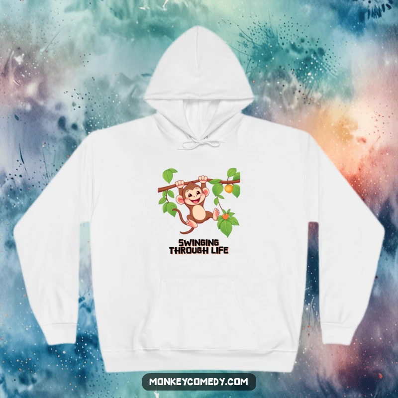 Funny Monkey Hoodie featuring a grinning monkey swinging from a vine, perfect for cozying up with jungle charm.
