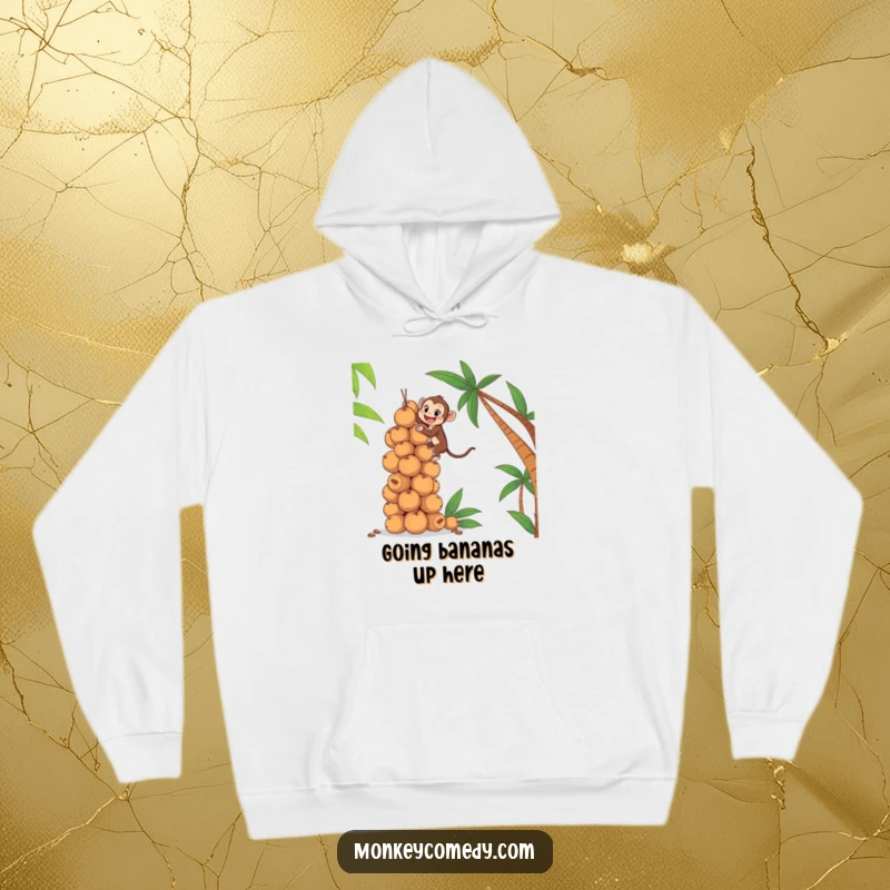 Funny hoodie illustrating an eager monkey climbing a massive stack of coconuts, perfect for staying warm and inspired.