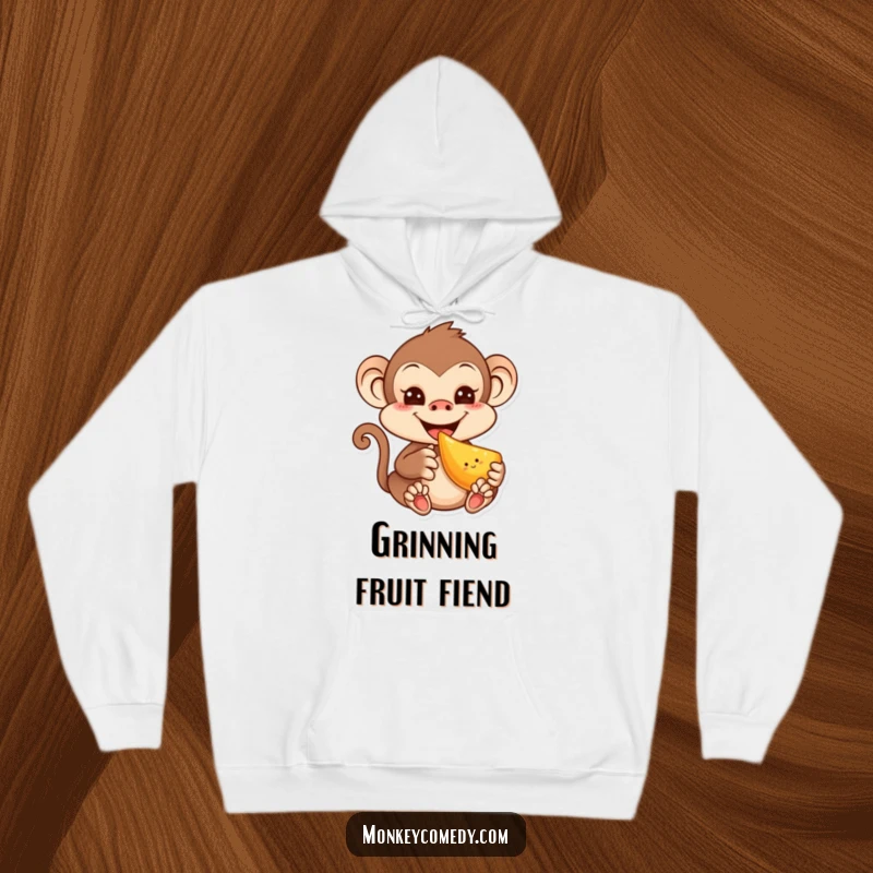 Funny hooded sweatshirt featuring a mischievous kawaii monkey happily eating fruit, perfect for cozying up with cuteness.