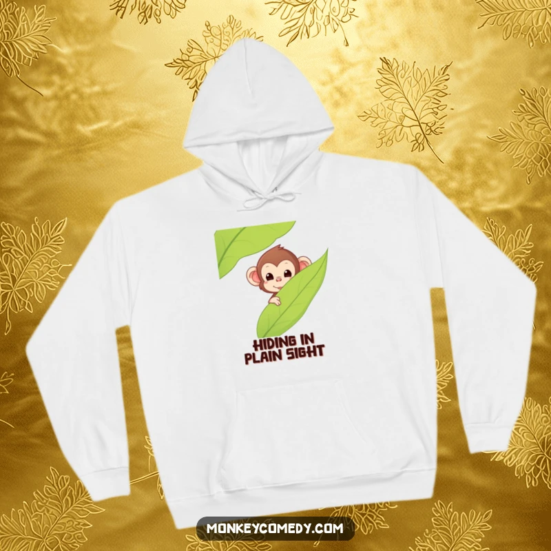 Funny Kawaii Monkey Hoodie, soft and warm, shows a cute monkey peeking from behind a leaf, mysterious and fun, great funny gift.