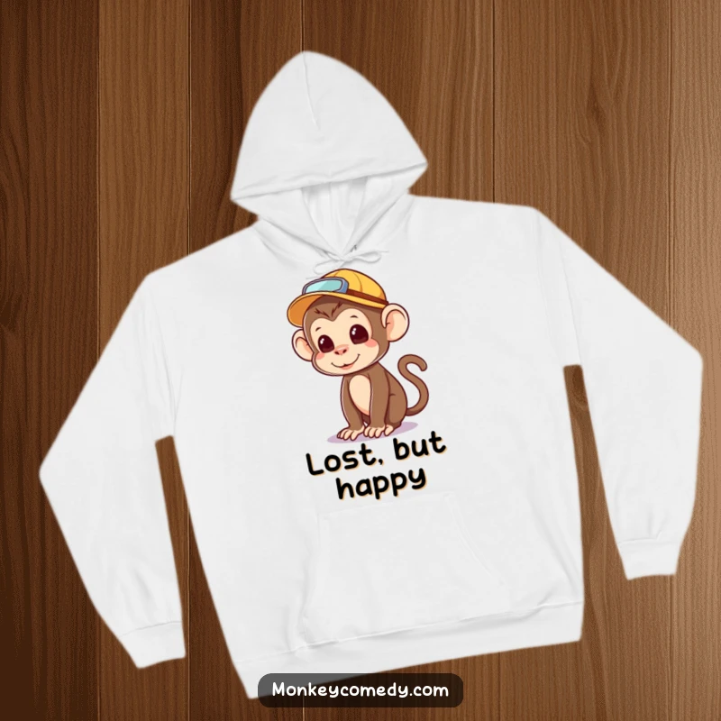 Funny kawaii monkey hoodie, explorer hat, looking around inquisitively, cozy and adorable adventure wear.