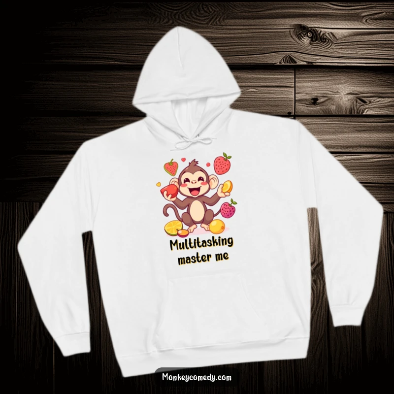 Funny Kawaii Monkey Juggling Hoodie: A cute monkey juggles colorful fruits playfully, offering cozy comfort and a dose of lighthearted fun.