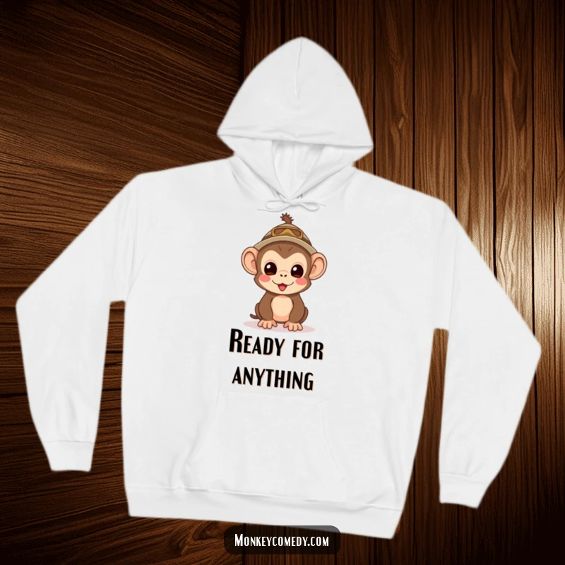 Funny Kawaii Monkey Explorer Hoodie: A soft hoodie featuring a cute monkey with an explorer hat, looking excited.