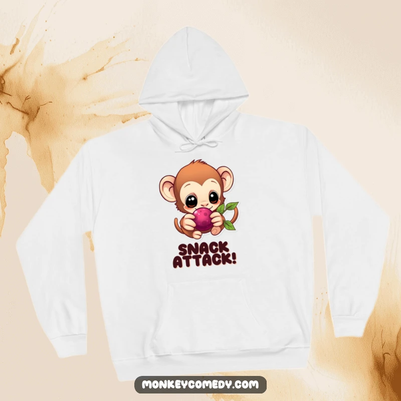 Cozy Kawaii Monkey Hoodie with an eager monkey reaching for a berry, offering warmth and adorable design.