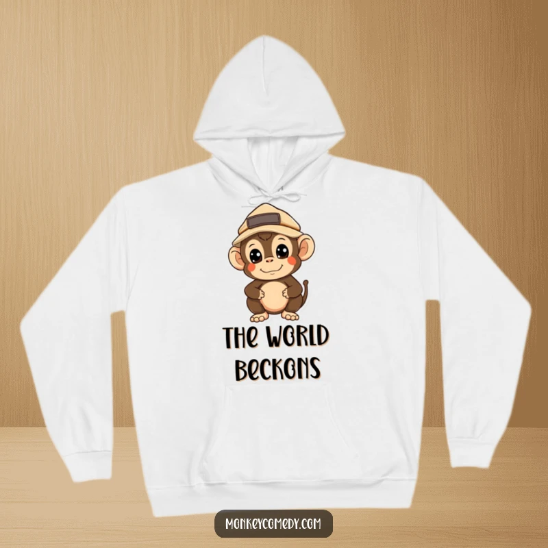 Funny Kawaii Monkey Explorer Hoodie: A cute monkey wearing a small explorer hat looks around, offering cozy humor for any adventure.