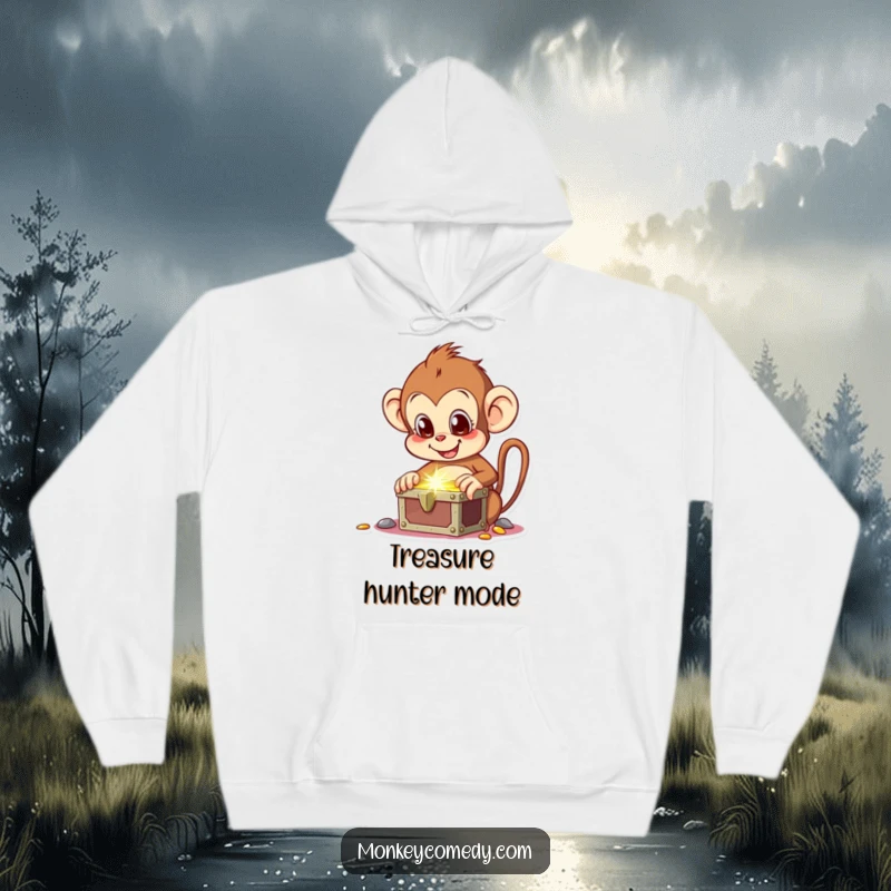 Funny hoodie with an excited monkey discovering a treasure chest, symbolizing wealth, adventure, and pure happiness.