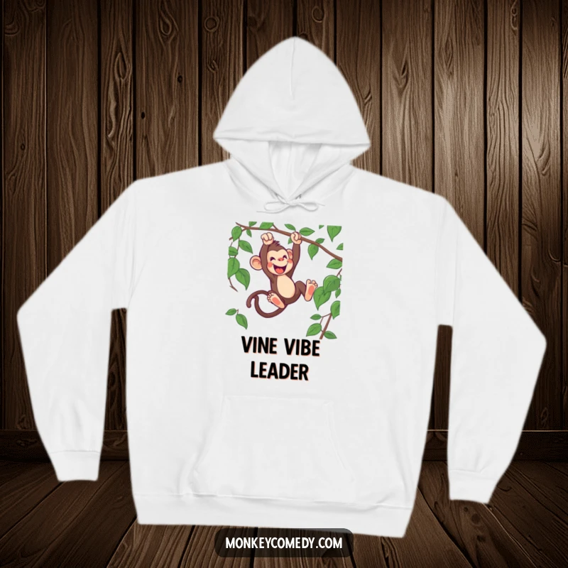 Funny monkey hoodie featuring an enthusiastic monkey mid-swing from a sturdy vine, capturing the essence of jungle adventure.