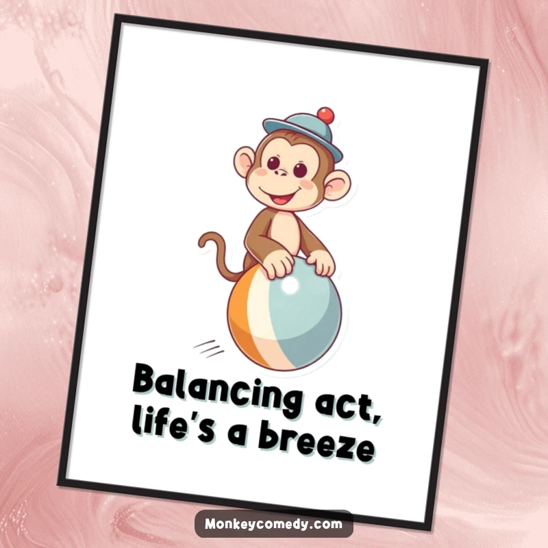 Funny Free Printable Wall Art: A whimsical monkey in a hat joyfully rides a brightly colored bouncing ball, creating a lively scene.