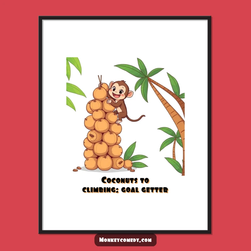 Funny Free Printable Wall Art: Monkey Coconut Climb Art, Tropical Downloadable Decor