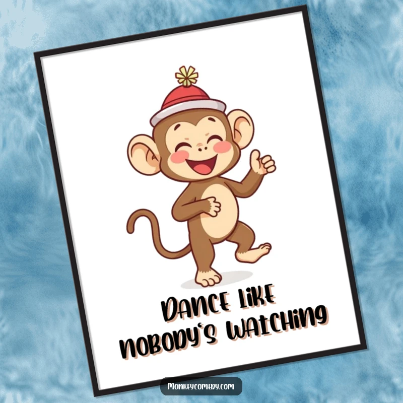 Funny Free Printable Wall Art: A primate in a tiny hat performs a joyful dance. Humorous, downloadable decor for instant smiles.