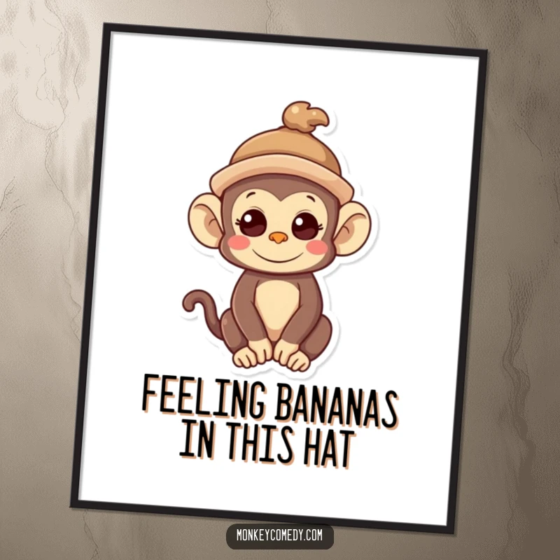 Funny Free Printable Kawaii Monkey Wall Art: A cute monkey sports a tiny, crooked hat, adding whimsy.
