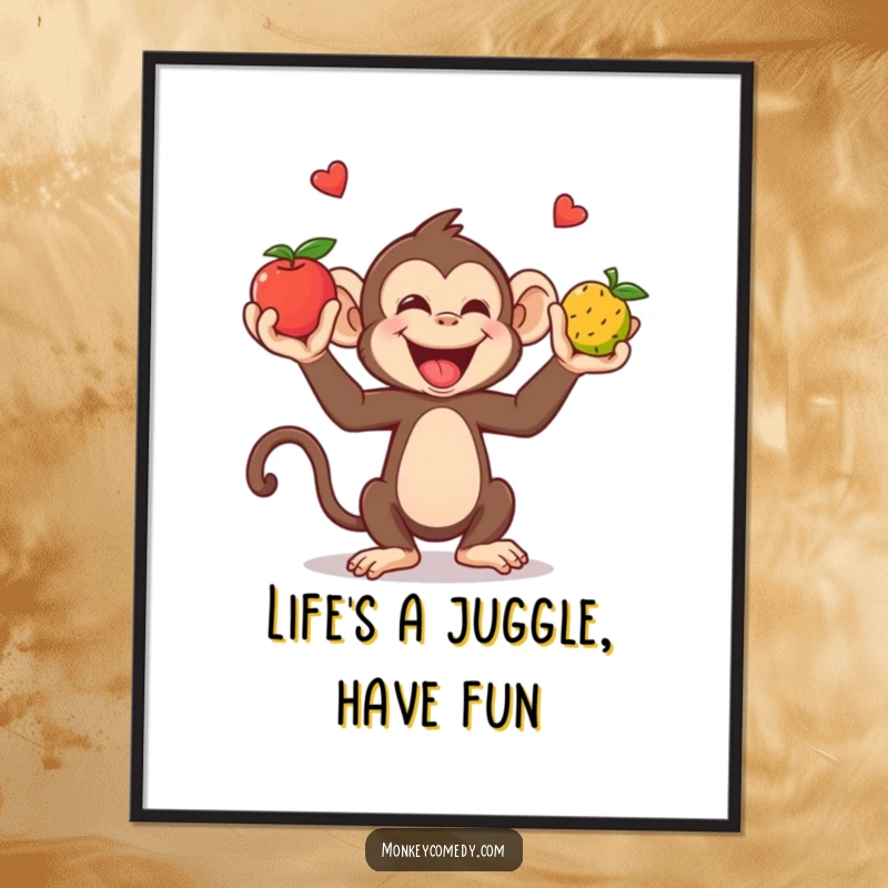 Funny Free Printable Wall Art: Giggling monkey juggling three colorful fruits with amazing coordination, adding vibrant fun to your space.