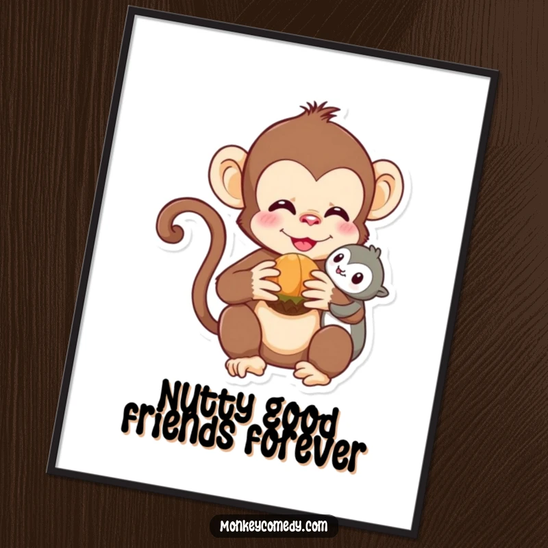 Funny Free Printable Kawaii Monkey Wall Art: Two monkeys sharing a nut, symbolizing friendship and joy.