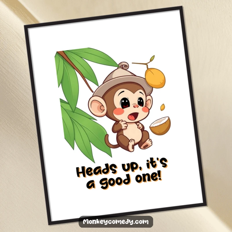 Funny Free Printable Wall Art of a monkey in a tiny hat surprised by a falling coconut, great downloadable art.