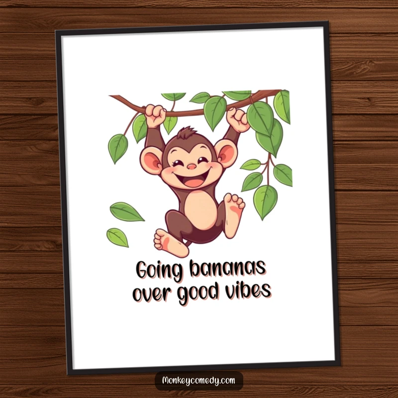 Funny Free Printable Wall Art: Playful monkey swinging from a vine with a wide, joyful grin, bringing jungle vibes home.