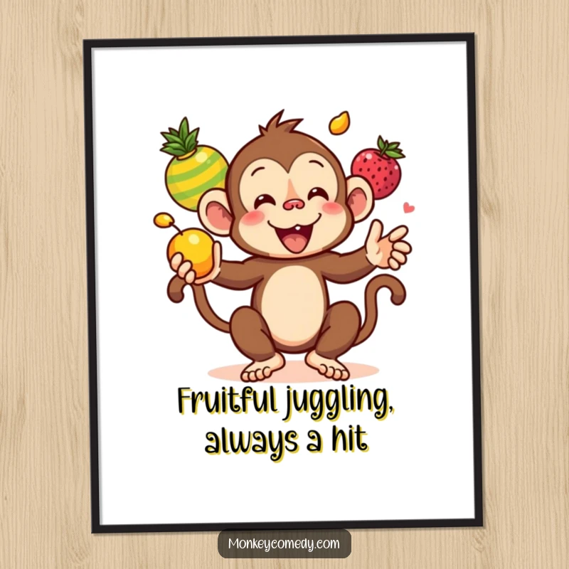 Funny Free Printable Wall Art: A mischievous kawaii monkey playfully juggles a pile of colorful fruits.