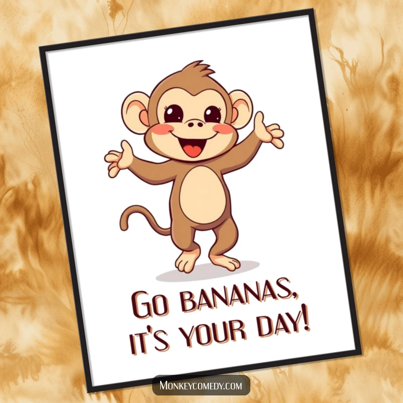 Funny Free Printable Wall Art: A kawaii monkey in a dynamic, silly dance pose with its tail wagging.