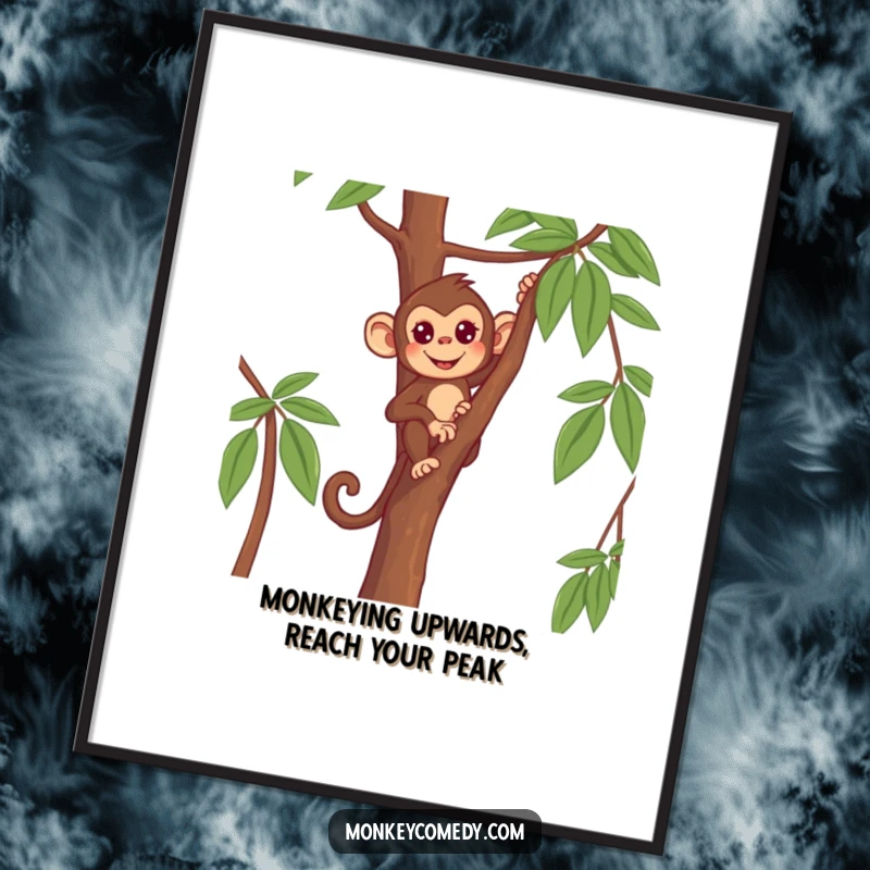 Funny Free Printable Wall Art: A monkey with a determined gaze, climbing a tall, thin tree, symbolizing ambition and humor in your everyday decor.