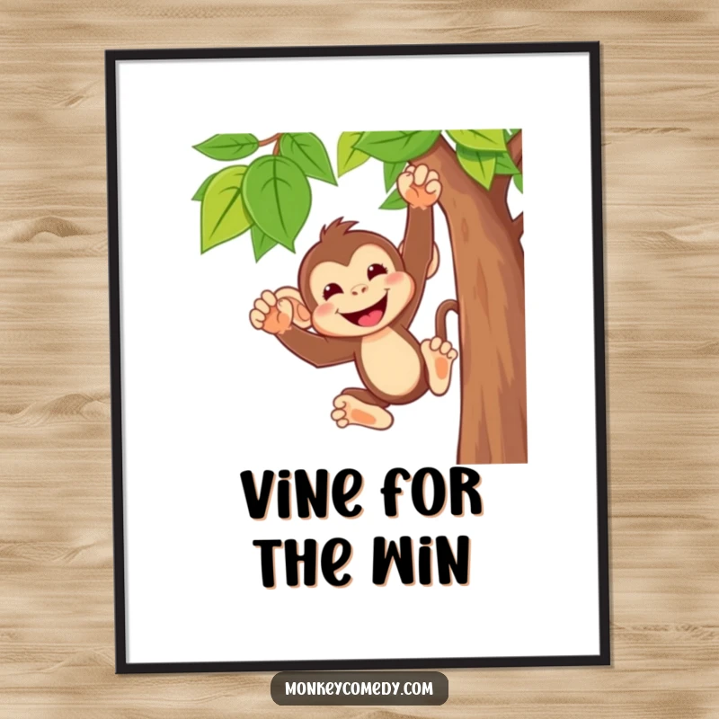 Funny Free Printable Wall Art: A cute monkey displaying a wide, cheeky grin while swinging high from a jungle vine.