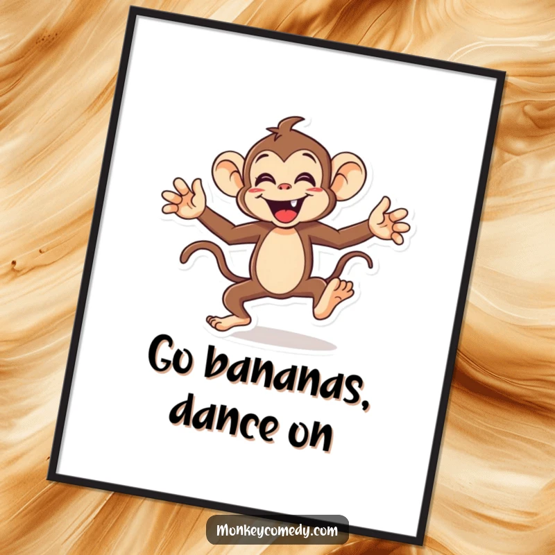 Funny Free Printable Wall Art: An energetic monkey character doing a hilarious, flailing dance with arms and legs everywhere.