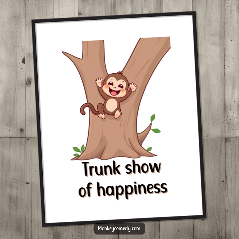 Funny free printable wall art depicting a gleeful monkey sliding down a tree trunk, adding playful energy to decor.