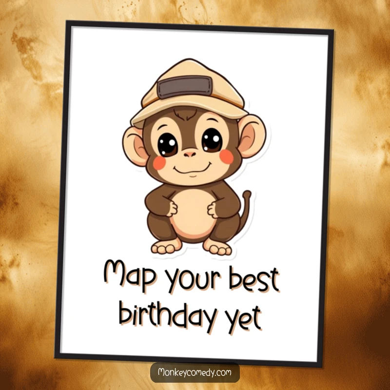 Funny Free Printable Wall Art: A kawaii monkey wearing a small explorer hat, looking around the jungle with wide-eyed wonder.