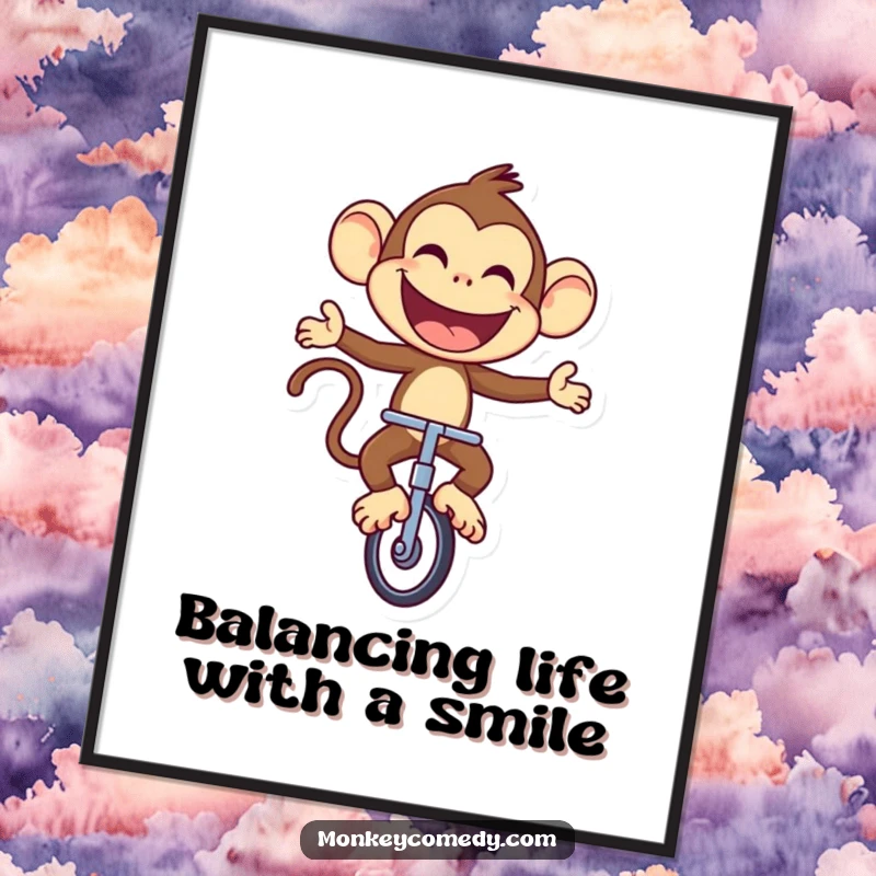 Funny Free Printable Wall Art: A joyful monkey character expertly riding a unicycle with a large, proud smile.