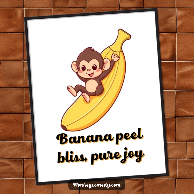 Funny free printable wall art depicting a monkey having a blast sliding down a giant banana peel, bringing cartoonish fun to any wall.