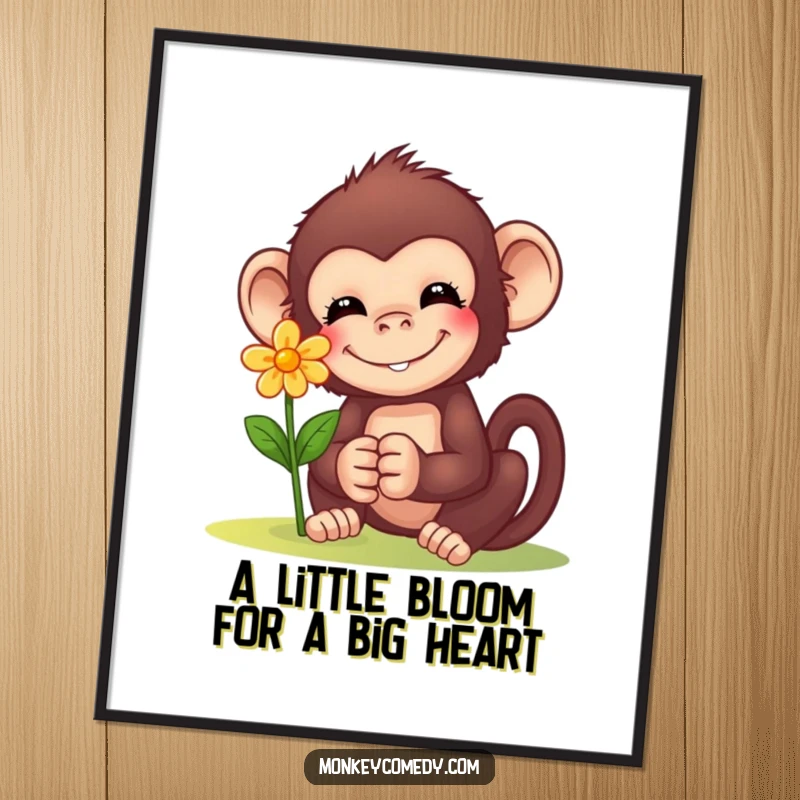 Funny Free Printable Wall Art: A smiling monkey tenderly offers a single, small, bright flower, a gesture of pure sweetness.