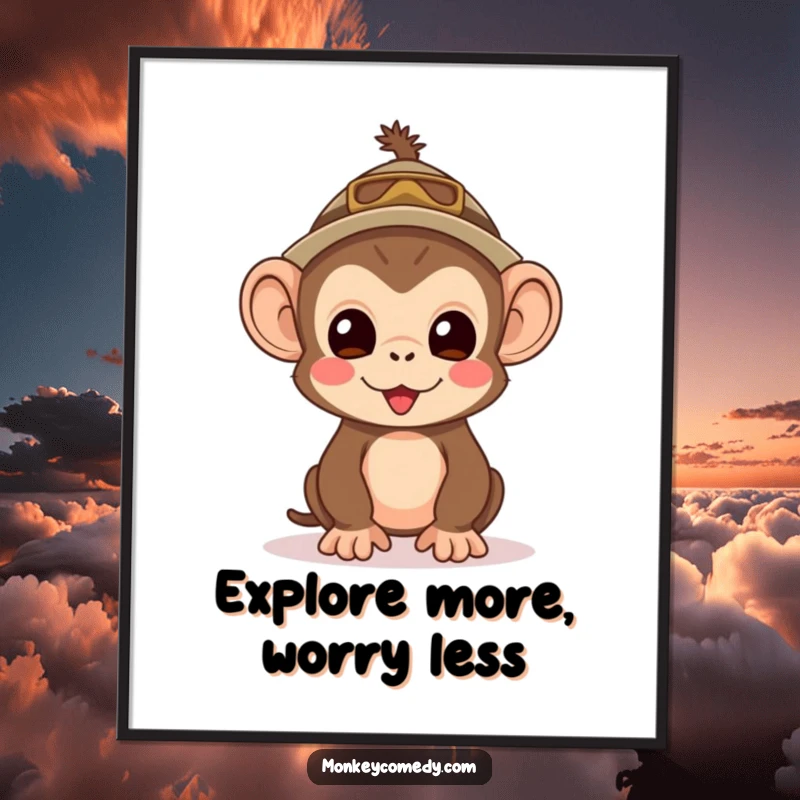 Funny Free Printable Wall Art: A kawaii monkey in a tiny explorer hat, eyes gleaming with excitement for discovery, perfect for adventurer decor.