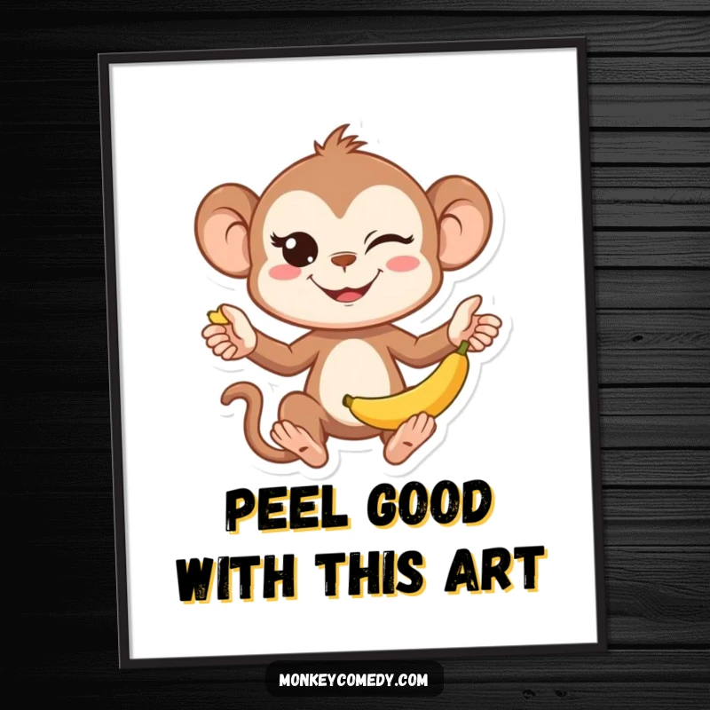 Funny Free Printable Wall Art: A kawaii monkey winking playfully while juggling a bunch of bananas, perfect for quirky decor.