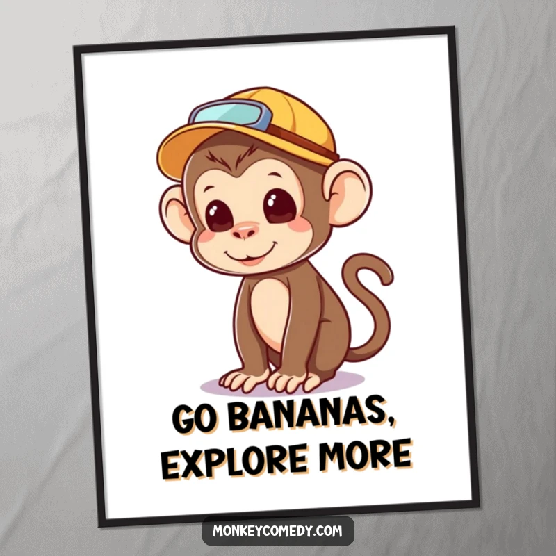 Funny Free Printable Wall Art: a kawaii monkey sporting a small explorer hat, looking inquisitively around.