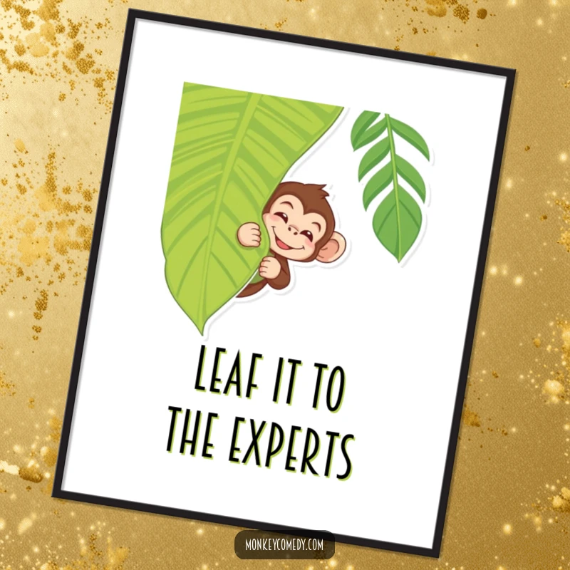 Funny Free Printable Wall Art: Monkey peeking from behind a large leaf, winking playfully, adding jungle mischief, downloadable decor.