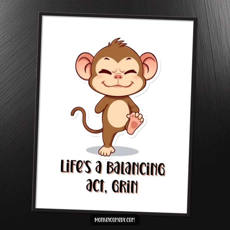 Funny Free Printable Wall Art: A monkey with a funny grimace, struggling to balance on one leg, bringing a dose of hilarious reality to decor.