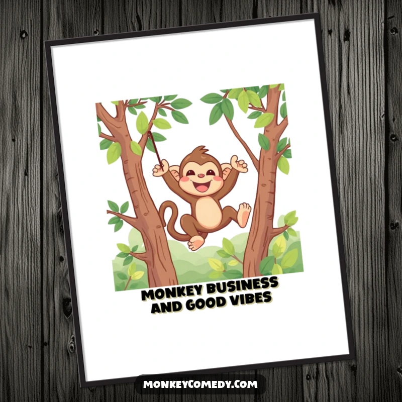 Funny Free Printable Wall Art: A kawaii monkey joyfully swinging through lush trees, adding vibrant jungle vibes to any room.